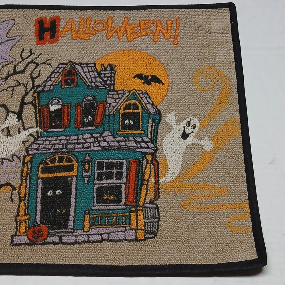 Happy Halloween Vintage Kitsch Cute Door Mat Haunted House Ghosts Bat 24 x 18
